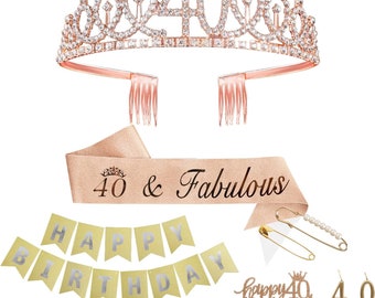 40th Birthday Sash and Tiara for Women, 40 and Fabulous Birthday Sash, Rose Gold 40th Cake Topper Number 40 Candle, Happy Birthday Banner