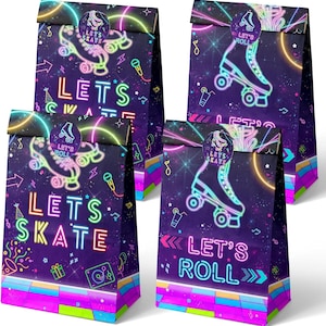May include: Four purple and black favor bags with neon pink and green accents. Each bag features a roller skate graphic and the text "Let's Skate" or "Let's Roll".