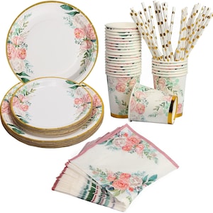 Floral Party Tableware Serves 25, Floral Paper Plates Napkins Cups, Garden Tea Party Disposable Tableware, Birthday Baby Bridal Shower