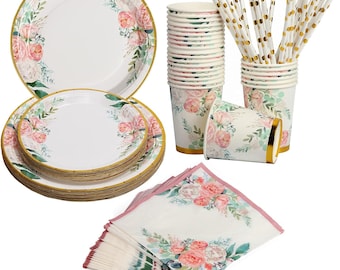 May include: A floral-themed party supply set with white paper plates, cups, napkins, and gold-trimmed straws. The plates and cups feature a watercolor floral design with pink and green accents.