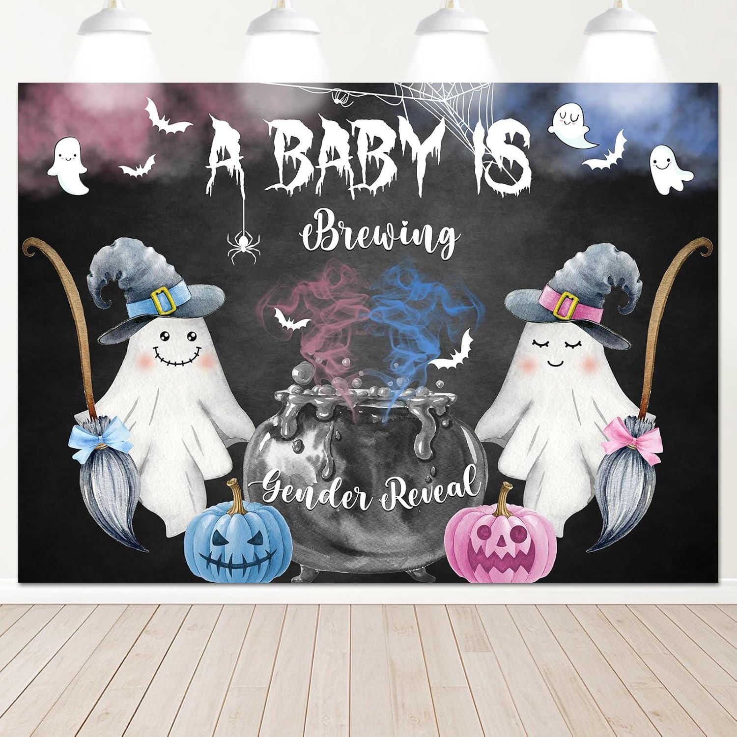 Halloween Gender Reveal Backdrop Banner, A Baby is Brewing He or She