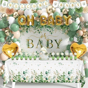 Sage Green Gender Neutral Baby Shower Decorations, Boho Greenery Neutral Reveal Party Supplies, Oh Baby Backdrop Tablecloth Balloon Garland