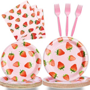 Strawberry Party Plates, Napkins, Forks Disposable Tableware Serves 24 Summer Fruit  Strawberry Birthday Baby Shower Dinnerware