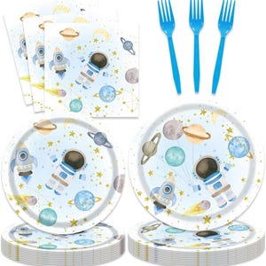 Space Birthday Plates, Napkins, Forks Disposable Tableware Serves 24, Astronaut Outer Space Birthday Dinnerware, Galaxy Space Party Decor