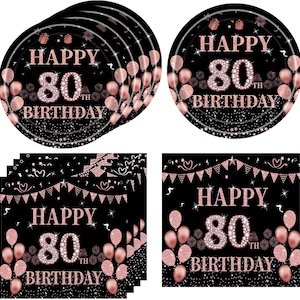 80th Birthday Dessert Plates and Napkins Disposable Tableware Serves 20 Black and Rose Gold 80th Birthday Decorations Women 80th Decorations