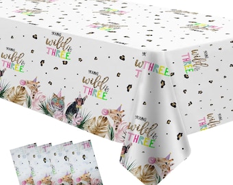 Young Wild And Three Birthday Tablecloth 4 Pack, Disposable Girls Jungle Animal 3rd Birthday Theme Birthday Table Cover