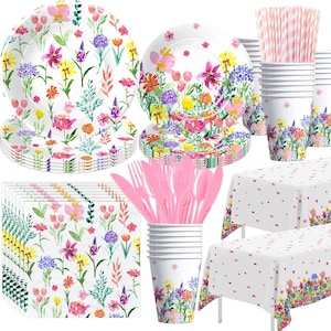 Wildflower Party Plates, Napkins, Cups, Tablecloth Disposable Tableware Serves 24, Floral Spring Summer Birthday Bridal Shower Dinnerware