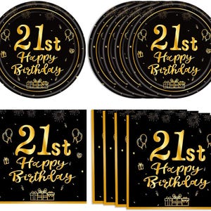 May include: Black and gold 21st birthday party plates and napkins. The plates and napkins feature a gold design with the text "21st Happy Birthday".