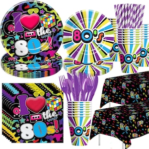 May include: A 80s themed party supplies set with black and neon colors. The set includes plates, napkins, cups, forks, knives, and a tablecloth. The plates and cups feature a colorful 80s design with the text "80's". The napkins feature a black and neon design with the text "I love the 80's". The tablecloth features a black and neon design with the text "80's".
