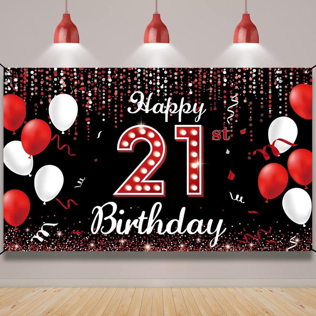 21st Birthday Banner Backdrop Decorations Boy and Girl Black and Red