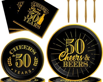 Cheers and Beers to 50 Years Party Plates, Napkins, Forks Disposable Tableware Serves 24, Men Women Black and Gold 50th Birthday Decorations