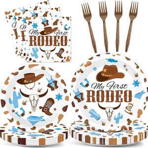 My First Rodeo Birthday Party Plates, Napkins, Forks Disposable Tableware Serves 24 Western Cowboy 1st Birthday Wild West Boy First Birthday