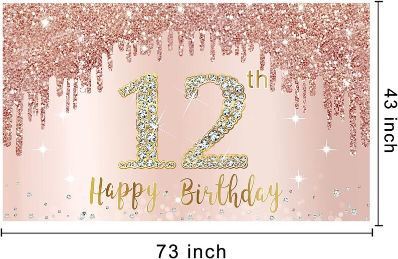 12th Birthday Banner Backdrop Rose Gold Happy 12th Birthday Backdrop ...