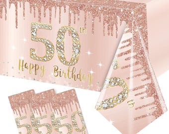 50th Birthday Tablecloth 3 Pack, Disposable Rose Gold 50th Table Cover, Women's 50th Table Cloth, Rose Gold Birthday Decor