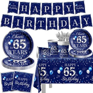 May include: Blue and silver 65th birthday party supplies. The set includes a banner, plates, cups, napkins, and a tablecloth. The banner says "Happy Birthday". The plates and cups have a silver number 65 and the text "Cheers to 65 Years". The napkins have the text "Happy Birthday". The tablecloth has a blue and silver confetti pattern with the text "Happy 65th Birthday".