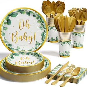 Sage Green Baby Shower Tableware Serves 25, Gold Green Paper Plates Napkins Cups, Gender Neutral Baby Shower Disposable Tableware