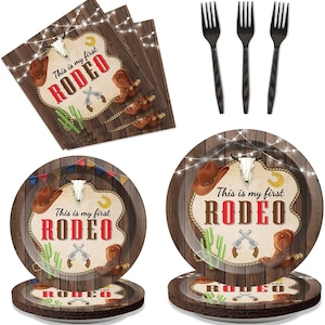 My First Rodeo Birthday Party Plates, Napkins, Forks Disposable Tableware Serves 24 Western Cowboy 1st Birthday Wild West Boy First Birthday