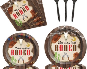 My First Rodeo Birthday Party Plates, Napkins, Forks Disposable Tableware Serves 24 Western Cowboy 1st Birthday Wild West Boy First Birthday