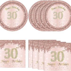 May include: Set of six pink and gold glitter paper plates with the text "Happy Birthday 30th" and a gold number 30 with diamond accents.  Also included are six matching napkins.