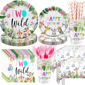 Girls Two Wild Birthday Plates, Napkins, Cups, Tablecloth Disposable Tableware Serves 24, Safari Animals Two Wild 2nd Birthday Dinnerware