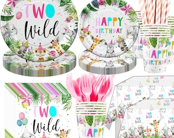 Girls Two Wild Birthday Plates, Napkins, Cups, Tablecloth Disposable Tableware Serves 24, Safari Animals Two Wild 2nd Birthday Dinnerware