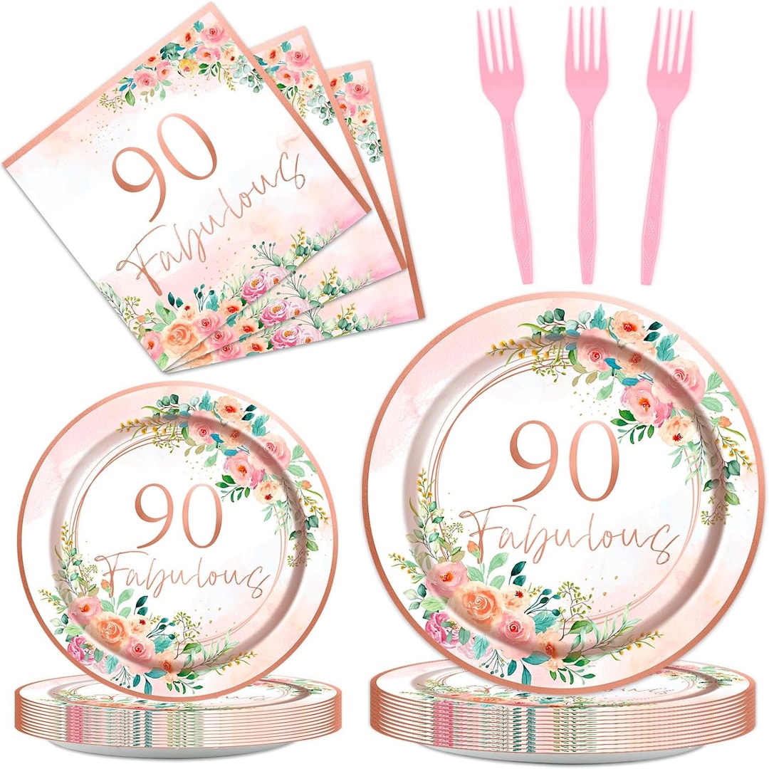 Floral 90th Birthday Party Plates, Napkins, Forks Disposable Tableware ...