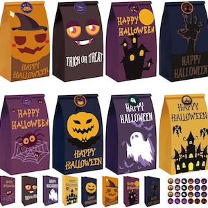 Halloween Teat Bags 24pcs, Trick or Treat Paper Bags with Stickers, Halloween Goodie Bags for Kids, Halloween Candy Bags