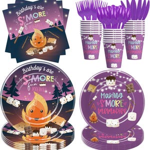 May include: Purple and pink themed party supplies with a campfire and marshmallow design. The plates feature the text "Making S'more Memories". The cups feature the text "Making S'more Memories". The napkins feature the text "Birthday's are S'more Fun Together".