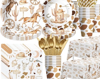 May include: A Western-themed party supplies set with brown and white cow print paper plates, cups, napkins, and tablecloths. Gold plastic forks and spoons are included. The set also includes brown and white striped paper straws.