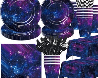 Galaxy Party Plates, Napkins, Cups Disposable Tableware Serves 24, Outer Space Birthday Dinnerware, Galaxy Space Party Decor
