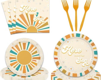 Sunshine Baby Shower Plates, Napkins, Forks Disposable Tableware Serves 24, Here Comes the Son Dinnerware, Boy Boho Sun Baby Shower Decor