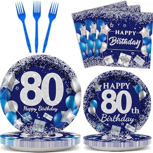 80th Birthday Party Plates, Napkins, Forks Disposable Tableware Serves 24 Navy Blue and Silver 80th Birthday Decorations Men 80th Dinnerware