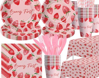 Strawberry 1st Birthday Plates, Napkins, Cups, Tablecloth Disposable Tableware Serves 24, Summer Fruit Berry First Birthday Dinnerware