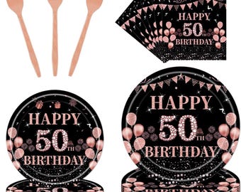 50th Birthday Party Plates, Napkins, Forks Disposable Tableware Serves 24, Black Rose Gold 50 and Fabulous Birthday Decorations for Women