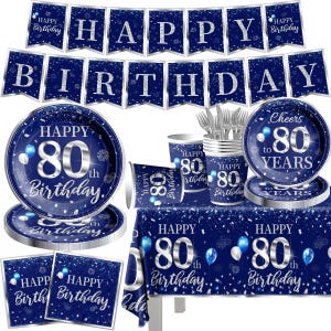 80th Birthday Party Plates, Napkins, Cups Disposable Tableware Serves 20 Blue and Silver 80th Birthday Decorations, 80th Dinnerware