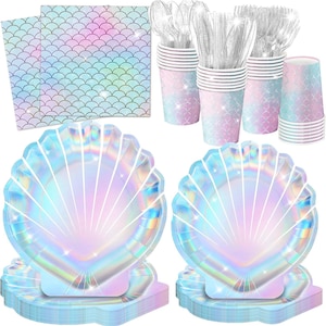 Mermaid Party Plates, Napkins, Cups, Disposable Tableware Serves 24, Under the Sea Birthday Decorations Dinnerware, Seashell Shape Plates
