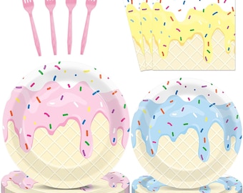 May include: A set of pink and blue ice cream cone themed paper plates and forks. The plates have a waffle cone design with pink and blue ice cream dripping down the sides. The forks are pink and have a simple design.