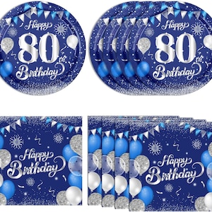 80th Birthday Dessert Plates and Napkins Disposable Tableware Serves 20 Navy Blue and Silver 80th Birthday Decorations Men Women 80th