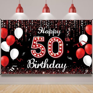 50th Birthday Banner Backdrop Decorations Men and Women Black and Red Happy 50 Year Old Birthday Decor Photo Booth Props 50th Party Supplies