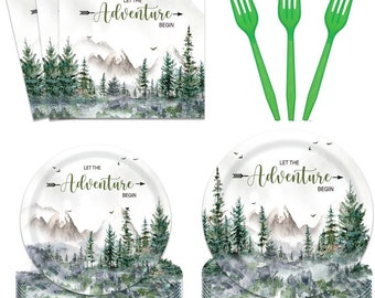 Let the Adventure Begin Baby Shower Plates, Napkins, Forks Disposable Tableware Serves 24, Rustic Forest Pine Tree Mountain Baby Shower