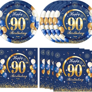 May include: Blue and gold 90th birthday party plates and napkins. The plates have a gold glitter background with a gold circle that says "Happy 90th Birthday". The napkins have a blue background with a gold circle that says "Happy 90th Birthday".