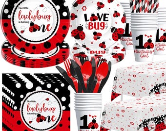 Ladybug 1st Birthday Party Plates, Napkins, Cups, Tablecloth Disposable Tableware Serves 24, Our Little Ladybug Is Turning One Dinnerware