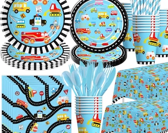 Transportation Birthday Plates, Napkins, Cups, Tablecloth Disposable Tableware Serves 24, Traffic Jam Cars Trucks Boys Birthday Dinnerware
