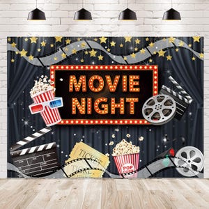 Movie Night Party Backdrop Banner, Movie Theater Cinema Theme Birthday Party Decorations, Hollywood Party Backdrop Decorations