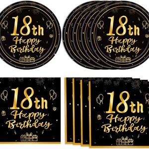 18th Birthday Dessert Plates and Napkins Disposable Tableware Serves 20 Black and Gold 18th Birthday Decorations Girl&#39;s Boys 18th Decoration