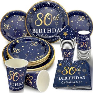 80th Birthday Party Plates, Napkins, Cups Disposable Tableware Serves 30 Blue and Gold 80th Birthday Decorations, 80th Dinnerware