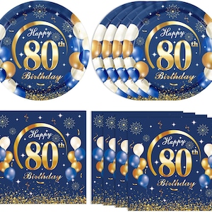 80th Birthday Dessert Plates and Napkins Disposable Tableware Serves 20 Navy Blue and Gold 80th Birthday Decorations Men Women 80th