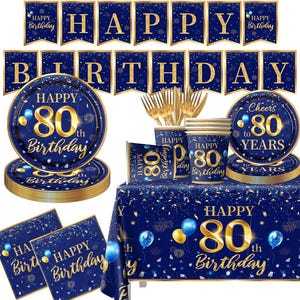80th Birthday Party Plates, Napkins, Cups Disposable Tableware Serves 20 Blue and Gold 80th Birthday Decorations, 80th Dinnerware