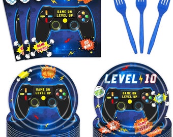 Video Game 10th Birthday Plates, Napkins, Forks Disposable Tableware Serves 24, Boys Level 10 Video Game Theme Birthday Party Tableware Blue
