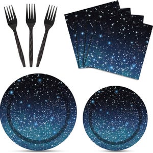 May include: A set of party supplies with a galaxy theme. The set includes three black plastic forks, four blue and black napkins with a white star pattern, and two round paper plates with a galaxy design.
